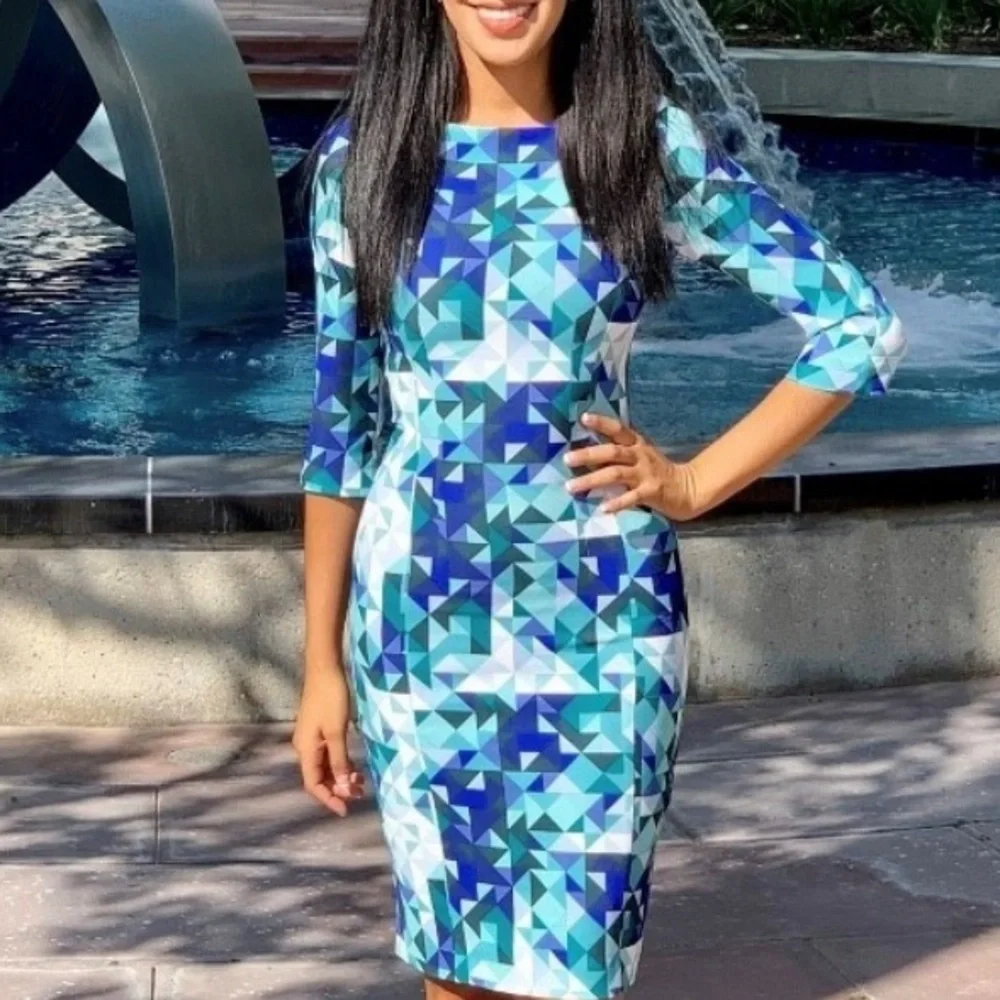 NWT NEW H&M blue green white geometric sheath dress